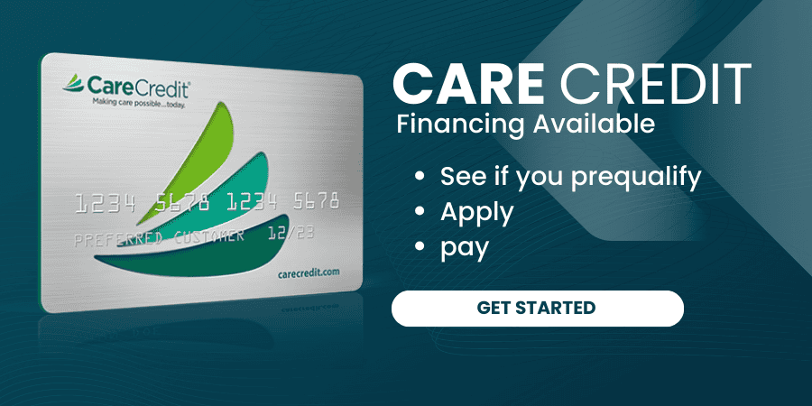 The image displays a credit card advertisement featuring a Care Credit logo, a silver card with a green design on the front, and text indicating a payment plan option for financing available above the card image.